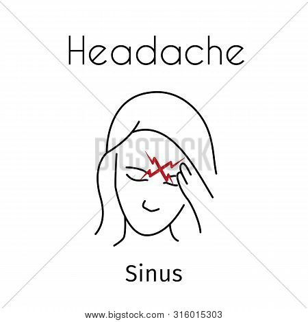Headache Linear Icon. Vector Abstract Minimal Illustration Of Girl With Red Zigzag On The Head Suffe