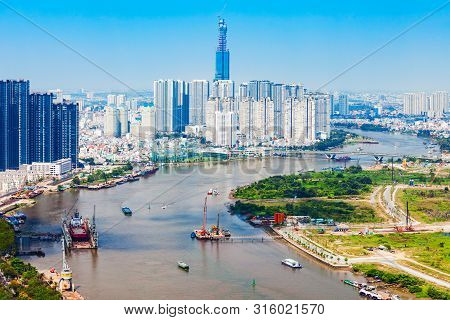 Ho Chi Minh City Aerial Panoramic View From Saigon Skydeck Observation Deck In Bitexco Financial Tow