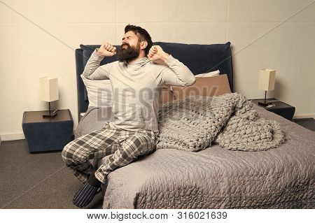 Problem With Early Morning Awakening. Get Up Early. Tips For Waking Up Early. Man Bearded Hipster Sl