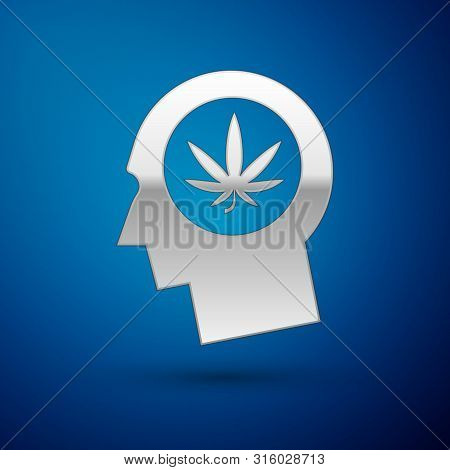 Silver Silhouette Of Male Head In Profile With Marijuana Or Cannabis Leaf Icon Isolated On Blue Back