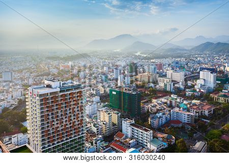 Nha Trang City Skyline Aerial Panoramic View At Sunset In South Vietnam