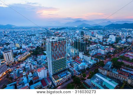 Nha Trang City Skyline Aerial Panoramic View At Sunset In South Vietnam