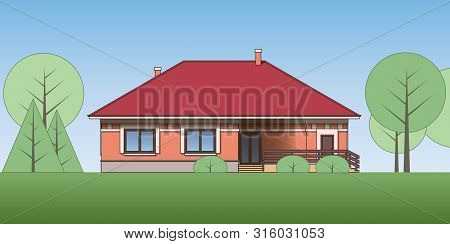 Architectural Facade Of A House On The Land. View Of Single-storey Cottage. Vector Realistic Illustr