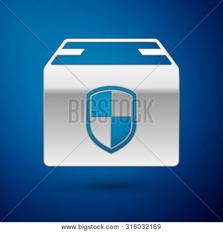Silver Delivery Pack Security Symbol With Shield Icon Isolated On Blue Background. Delivery Insuranc