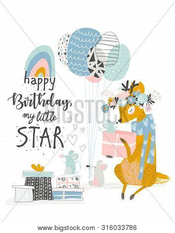 Greeting Birthday Card With Cute Deer And Mouses