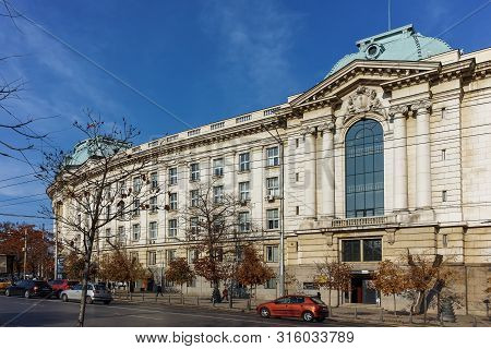 Sofia, Bulgaria - November 7, 2017: Sunset View Of University Of Sofia St. Kliment Ohridski, Bulgari