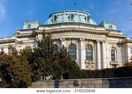Sofia, Bulgaria - November 7, 2017: Sunset View Of University Of Sofia St. Kliment Ohridski, Bulgari
