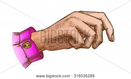 Color Girl Hand Gesture Holding Bag Handdrawn Vector. Gesturing Handbag On Woman Arm Carpus. Female 