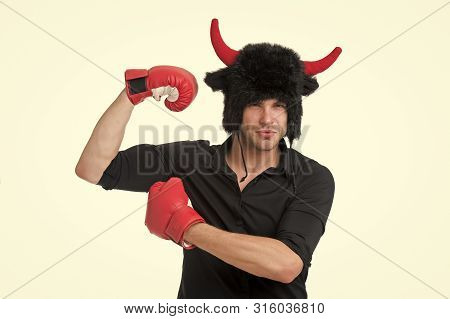 Animal Power. Masculinity Concept. Man With Horns As Devil Or Bull Wear Boxing Gloves. Strong As Bul