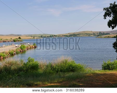 Lake Elmer Thomas, Oklahoma With A View Of The Dock On One Side