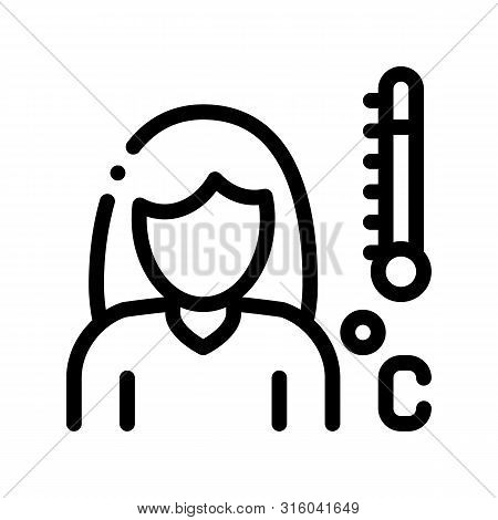 High Temprature Symptomp Of Pregnancy Vector Icon Sign Thin Line. Character Woman Silhouette And Med