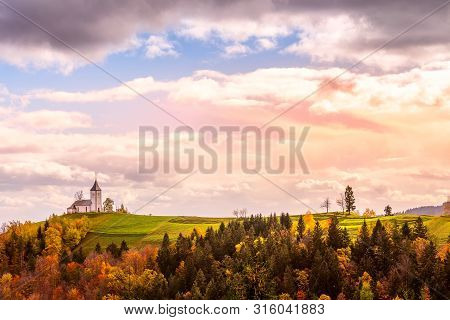 Autumn Sunrise Panorama With Saints Primus And Felician Church On Top Of Hill In Slovenian Countrysi