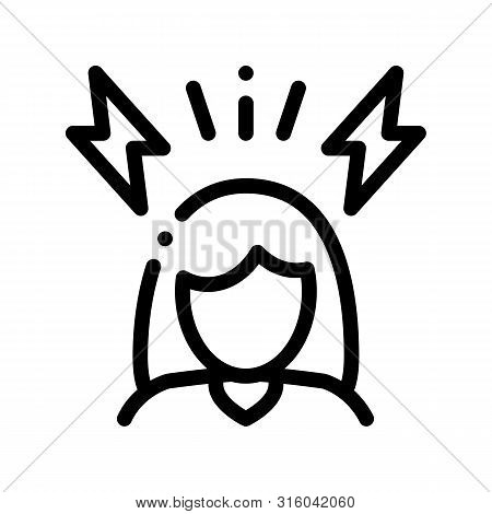 Headache Symptomp Of Pregnancy Vector Sign Icon Thin Line. Character Woman Silhouette And Lightning,