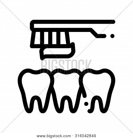 Dentist Teeth Cleaning Vector Thin Line Sign Icon. Teeth And Toothbrush With Toothpaste, Tool And De