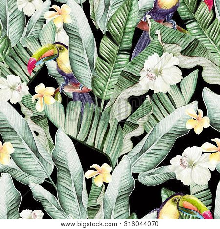 Beautiful Watercolor Seamless Pattern With Tropical Leaves And Banana Leaves, Tukan Birds And Hibisc