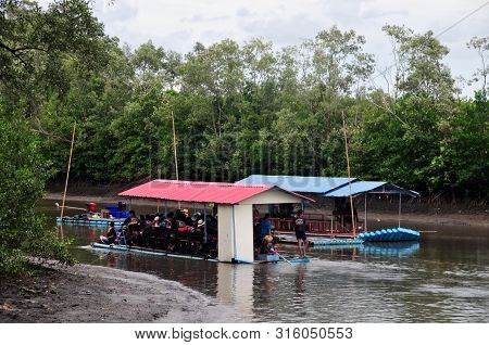Chantaburi, Laem Sing, Thailand - 3 August 2019 : Bamboo (substitute Materials With Tube Pvc)  Raft 
