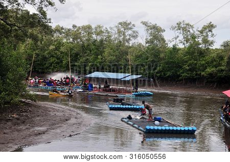 Chantaburi, Laem Sing, Thailand - 3 August 2019 : Bamboo (substitute Materials With Tube Pvc)  Raft 