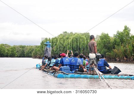 Chantaburi, Laem Sing, Thailand - 3 August 2019 : Bamboo (substitute Materials With Tube Pvc)  Raft 