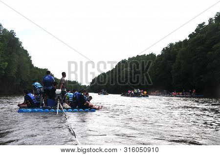 Chantaburi, Laem Sing, Thailand - 3 August 2019 : Bamboo (substitute Materials With Tube Pvc)  Raft 