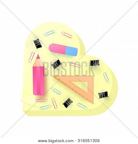 Realistic Memory Stickers Notebook, With Eraser, Clips, Ruler And Pink Colour Pencil. School Supplie