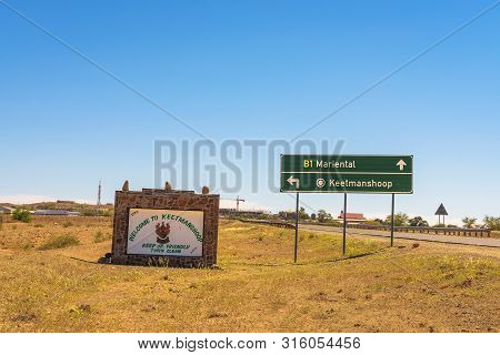 Keetmanshoop, Namibia - March 26, 2019 : Welcome To Keetmanshoop Road Sign Situated Along The B4 Nat