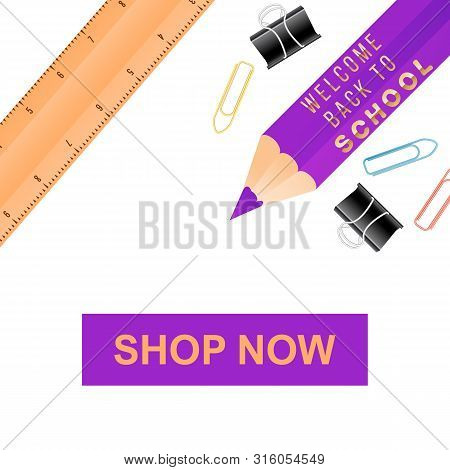 Realistic Cartoon Illustration With Eraser, Clips, Ruler And Pink Colour Pencil. School Supplies Vec