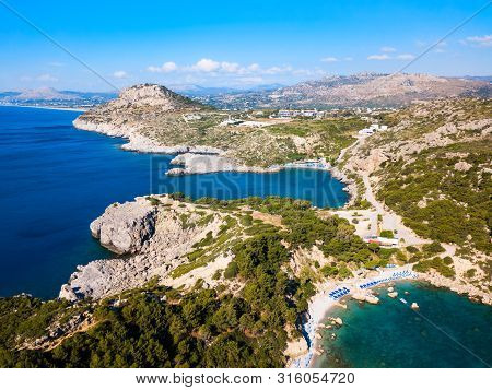 Ladiko Beach And Anthony Quinn Bay Aerial Panoramic View In Rhodes Island In Greece