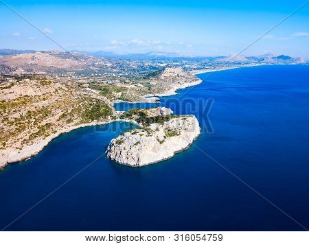 Ladiko Beach And Anthony Quinn Bay Aerial Panoramic View In Rhodes Island In Greece