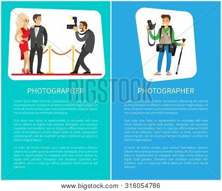 Paparazzi And Photographer Man With Camera Taking Photo Of Celebrities Couple, Guy Setting Focus In 