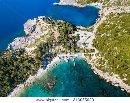 Ladiko Beach And Anthony Quinn Bay Aerial Panoramic View In Rhodes Island In Greece