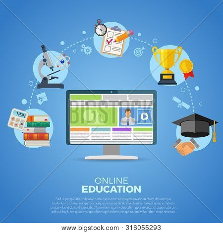 Online Education Infographics With Flat Icon Set For Flyer, Poster, Web Site Like Mortarboard, Books