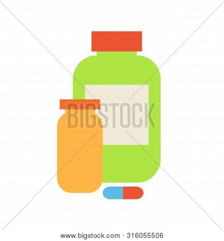Containers Food Supplement For People Training In Gyms. Isolated Icons Set Of Plastic Bottles Pilule