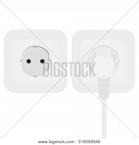 White Power Cord Cable Plugged Into European Wall Outlet On White Wall.
