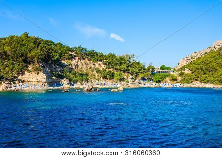 Ladiko Beach And Anthony Quinn Bay Aerial Panoramic View In Rhodes Island In Greece