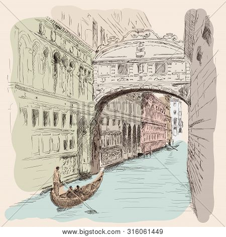 Scenery Of The Old City Of Venice. Ancient Buildings, A Water Channel And A Boat Floating On The Wat