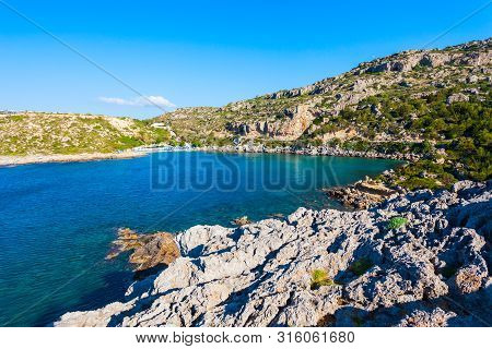 Ladiko Beach And Anthony Quinn Bay Aerial Panoramic View In Rhodes Island In Greece