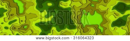 Wide Panorama 3d Landscape Paper Cut Style. Curved Shapes With Green Gradients. Abstract Geometric L