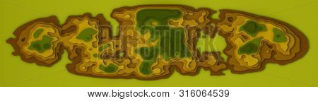 Wide Island Panorama 3d Landscape Paper Cut Style. Curved Shapes With Green Gradients. Abstract Geom
