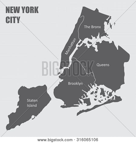 Map Of New York City, With Borders Of The Regions And Labels