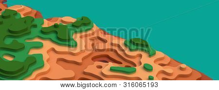 3d Landscape Paper Cut Style. Blank Space. Curved Shapes With Green Brown Pastel Natural Color. Abst