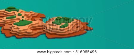 Wide Panorama 3d Landscape Paper Cut Style. Blank Space. Curved Shapes With Green Brown Pastel Natur