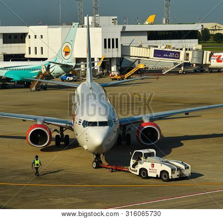 Bangkok, Thailand - Apr 24, 2018. Passenger Airplanes Docking At Bangkok Don Muang International Air