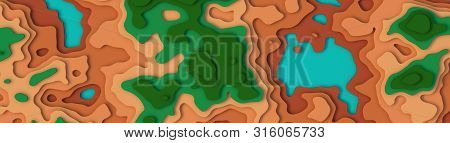 Wide Panorama 3d Landscape Paper Cut Style. Curved Shapes With Green Brown Natural Color. Abstract G