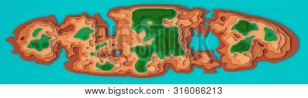 Wide Panorama 3d Landscape Paper Cut Style. Curved Shapes With Green Brown Natural Color. Abstract G