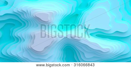 Wide, 3d Landscape Paper Cut Style, Curved Shapes With Blue Gradients, Abstract Geometric Lines Patt