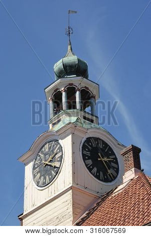 Restored Wooden Steeple Clock In Old Rauma, Finland