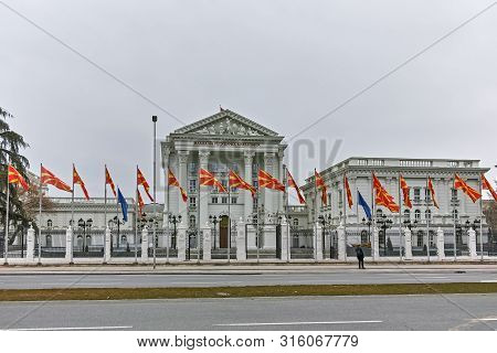 Skopje, Republic Of Macedonia - February 24, 2018: Building Of Government Of The Republic Of Macedon