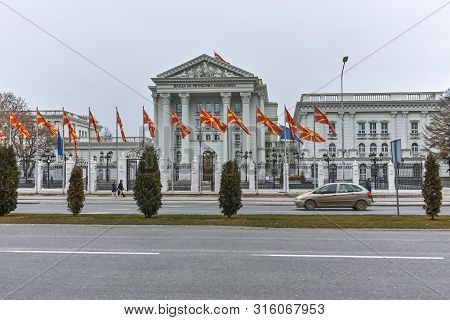 Skopje, Republic Of Macedonia - February 24, 2018: Building Of Government Of The Republic Of Macedon