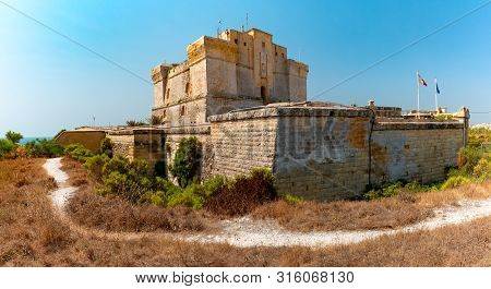 Panoramic View Of Fort San Lucian Near Marsaxlokk On A Sunny Day, Malta