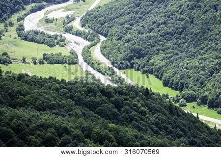 Mountain Landscape, River Valley, Mountains, Green Trees, Valley, River, Glaciers. Valley Of A Zelen